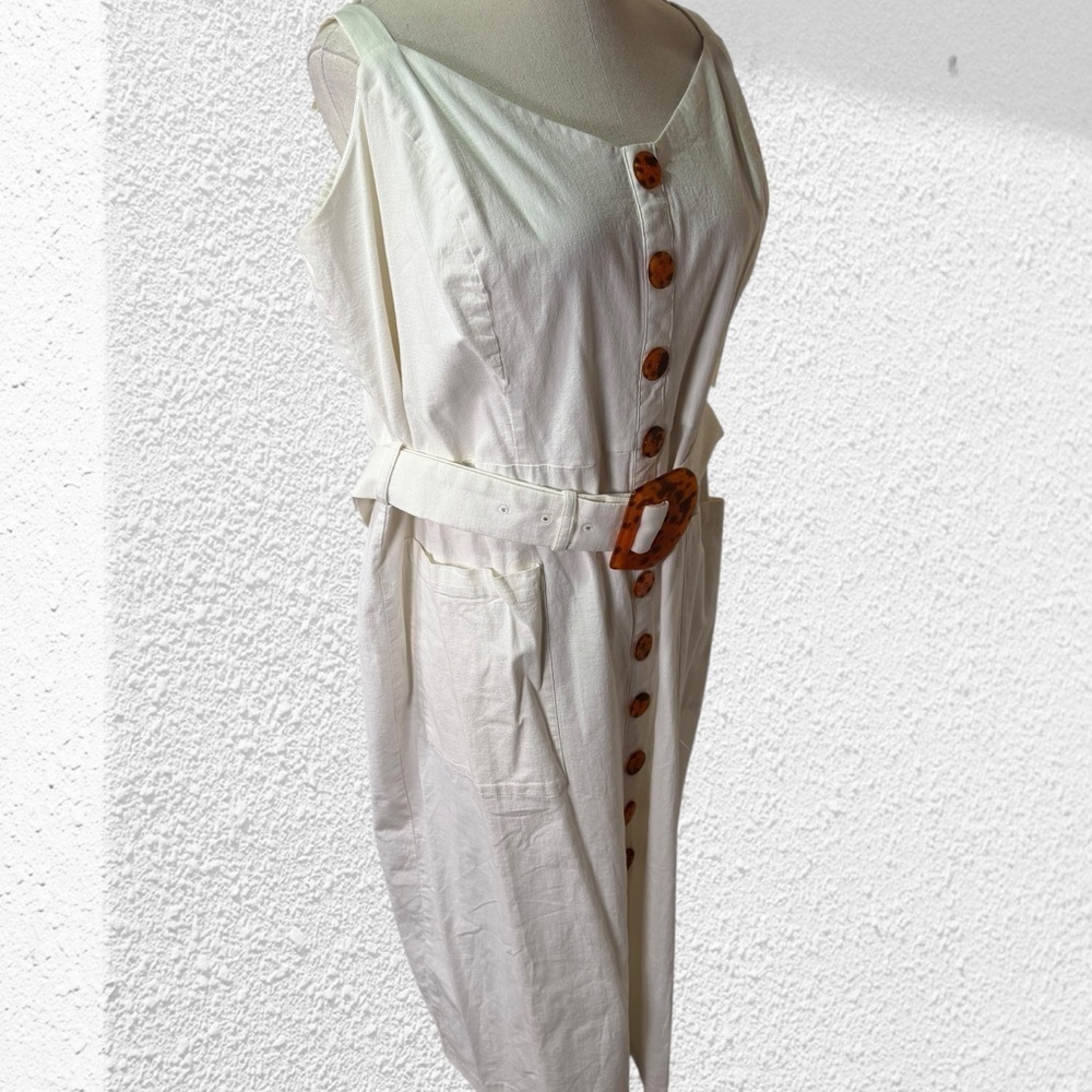 Eloquii White Midi Dress with Tortoiseshell Buttons and Belt - Picture 7 of 13